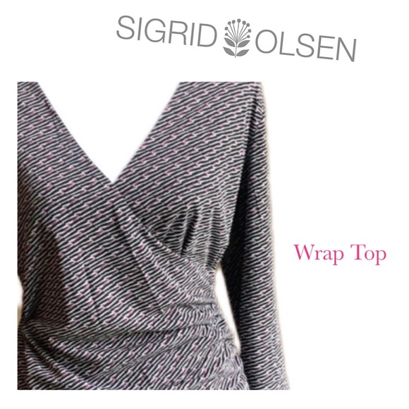 Sigrid Olsen Black white Pink Ruched Wrap Top sz Small - Picture 1 of 15